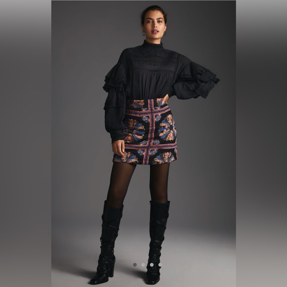 Anthropologie Black and Pink Floral Mini Skirt